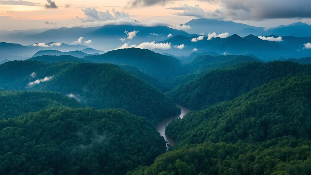 Luftaufnahme des dichten Regenwaldes im Bwindi Impenetrable Forest, Uganda zur goldenen Stunde