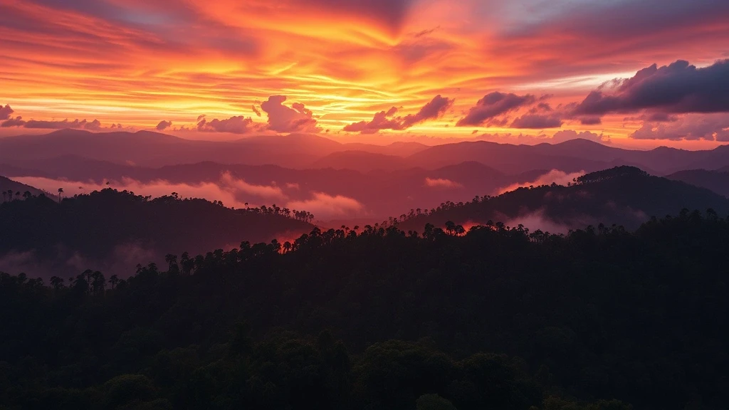 Sonnenuntergang ueber dem Bwindi Impenetrable Forest in Uganda mit dramatischem Himmel