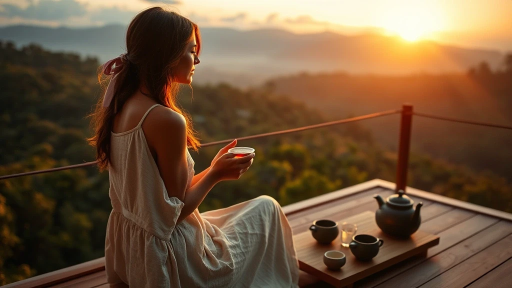 Elegante Reisende geniesst Teezeremonie mit Blick auf Bwindi Impenetrable Forest, Uganda