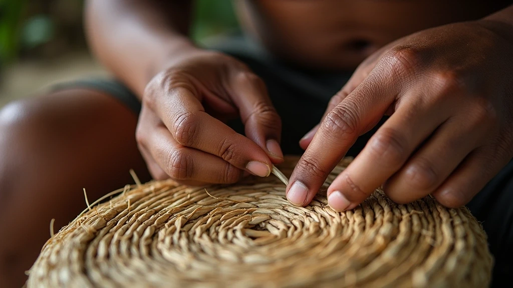 Hande eines Kunsthandwerkers bei traditioneller Korbflechterei in Cahuita