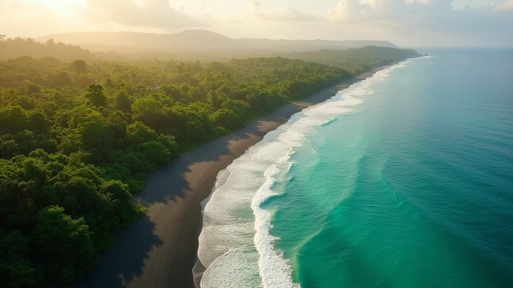 Luftaufnahme von Cahuita Nationalpark mit Korallenriff, schwarzem Sandstrand und Regenwald zur goldenen Stunde