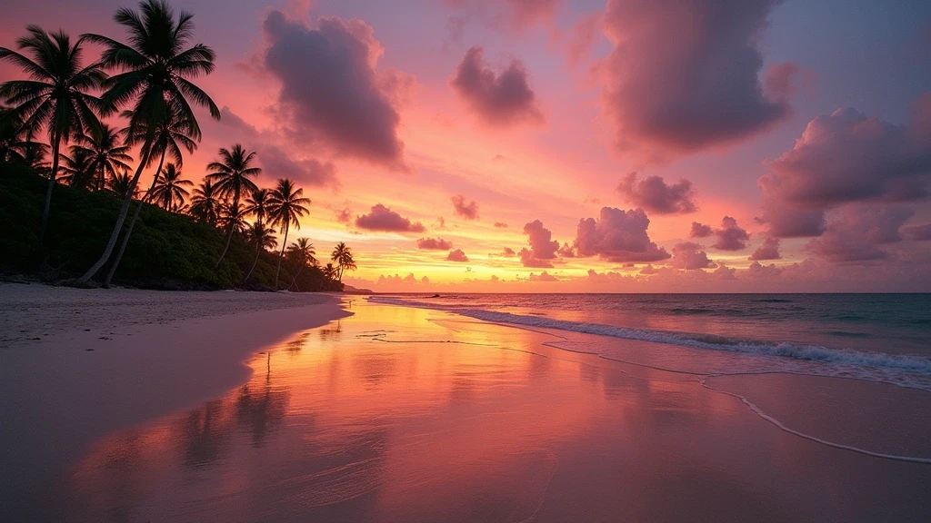 Sonnenuntergang ueber Playa Blanca in Cahuita mit Kokospalmen-Silhouetten und Gezeitenpools