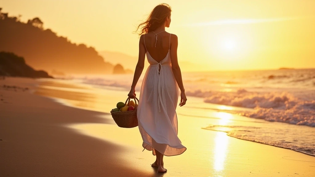 Elegante Frau am schwarzen Sandstrand von Cahuita bei Sonnenuntergang mit Obstkorb