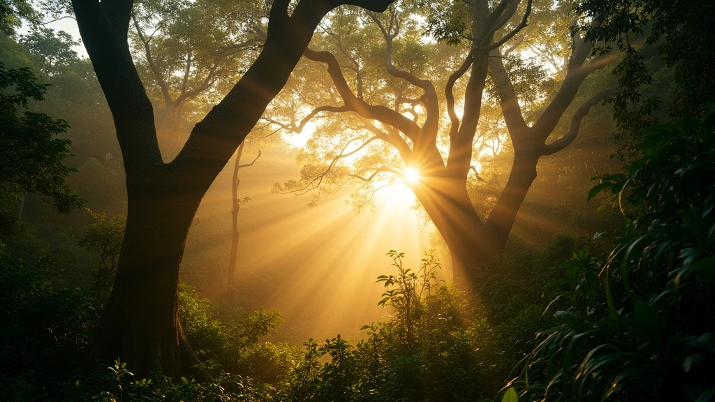 Goldene Stunde im Regenwald von Cahuita Nationalpark mit Sonnenstrahlen und Nebel