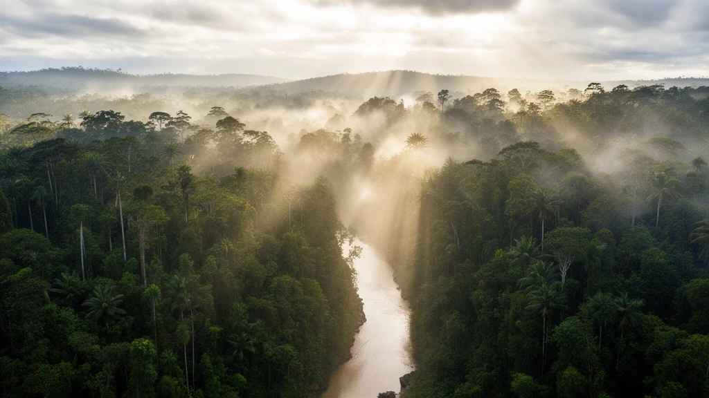 Luftaufnahme des Barron River im tropischen Regenwald von Cairns mit Morgennebel