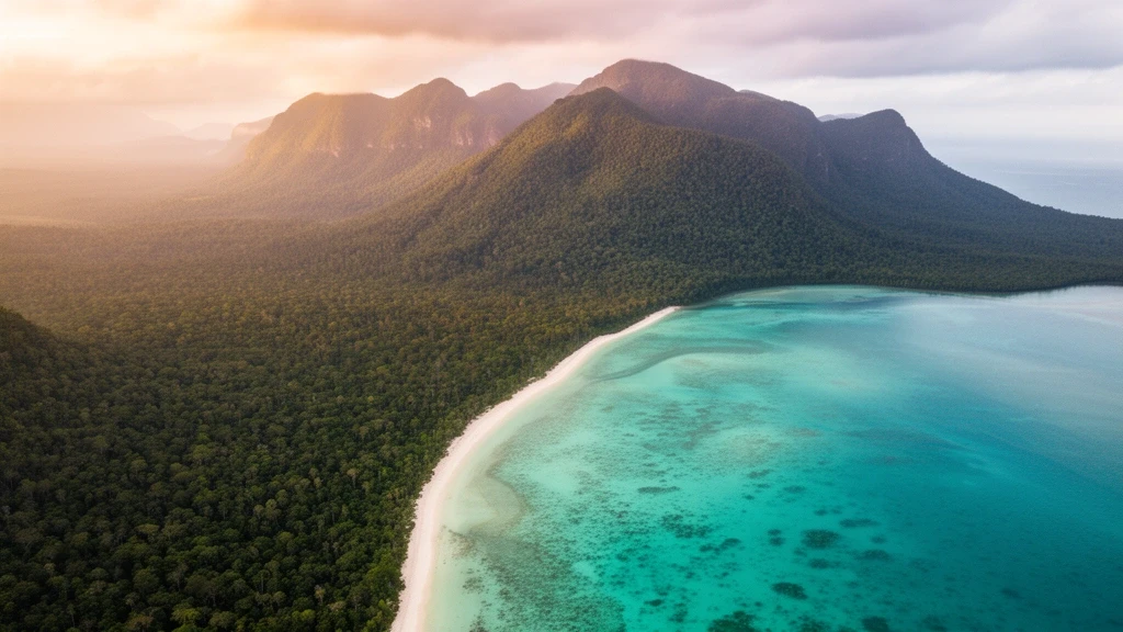 Luftaufnahme des Great Barrier Reef und Daintree Regenwalds in Cairns zur goldenen Stunde