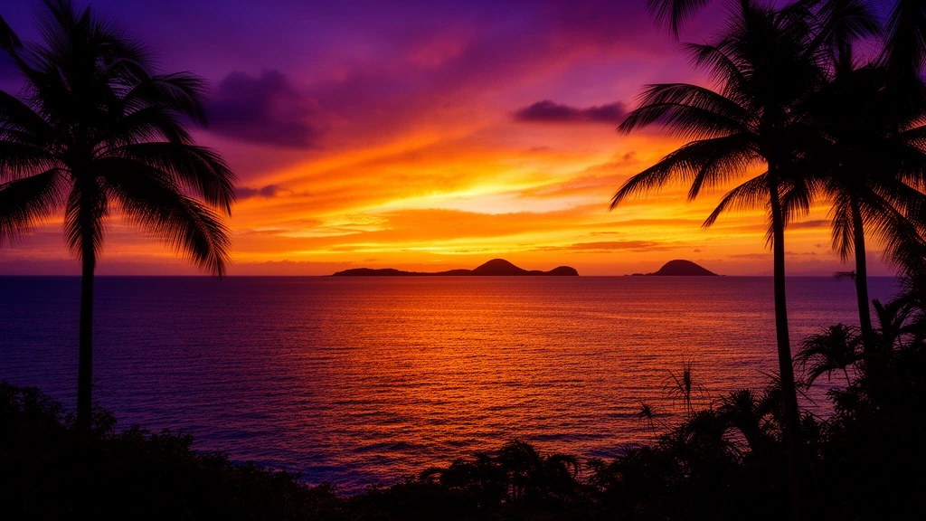 Sonnenuntergang ueber dem Korallenmeer in Cairns mit Palmen-Silhouetten