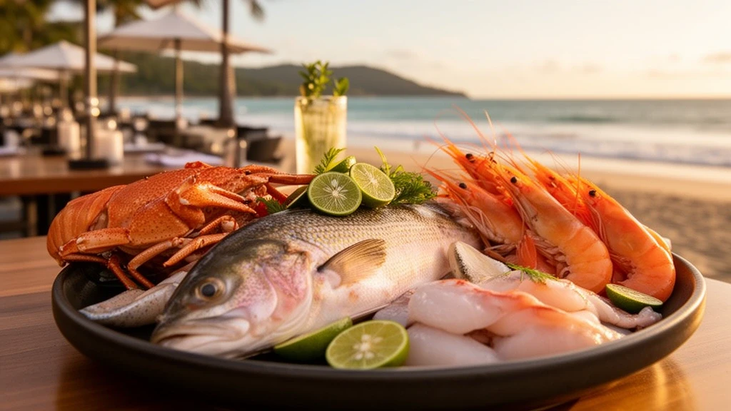 Frische Meeresfruechte-Platte mit tropischen Zutaten in Cairns Restaurant