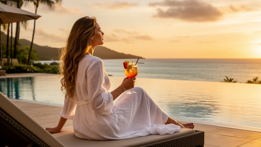 Elegante Frau geniesst Sonnenuntergang-Cocktails am Infinity-Pool in Cairns Resort