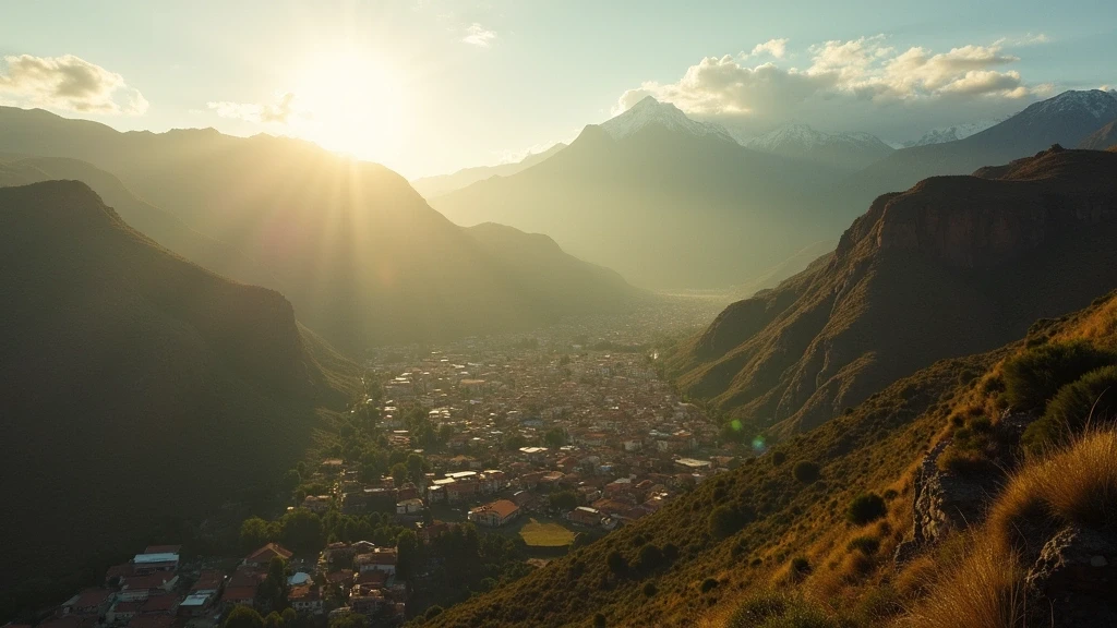 Dramatische Luftaufnahme der Anden um Cajamarca zur goldenen Stunde mit historischer Architektur