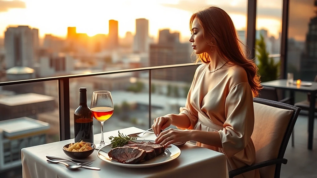 Elegante Frau geniesst Gourmet-Mahlzeit mit Blick auf Calgary Skyline
