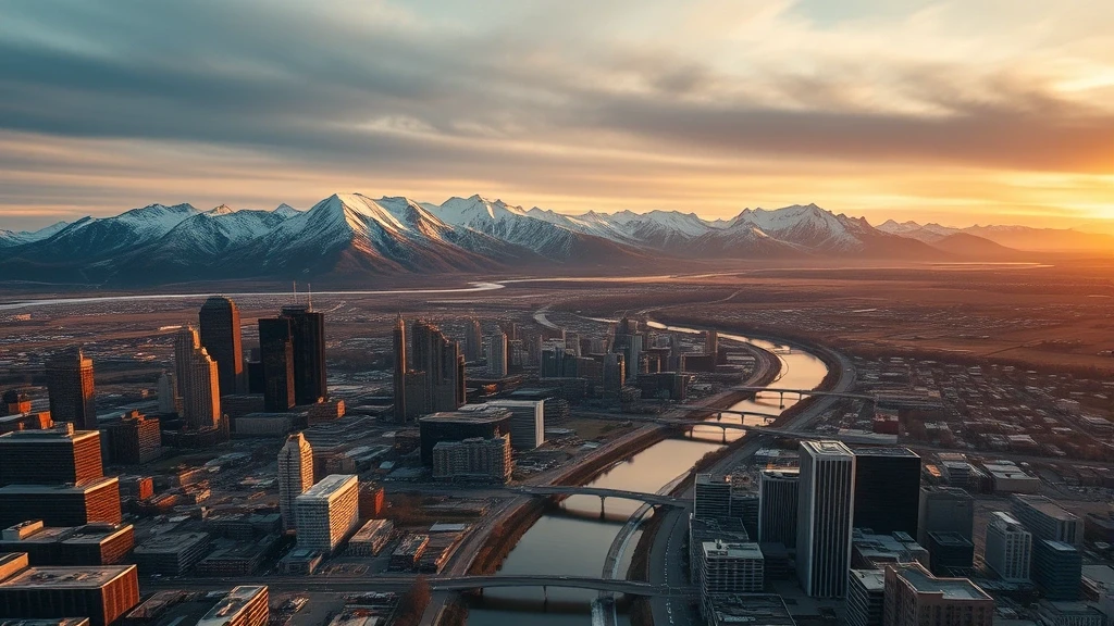 Luftaufnahme von Calgary mit Rocky Mountains und Bow River zur goldenen Stunde