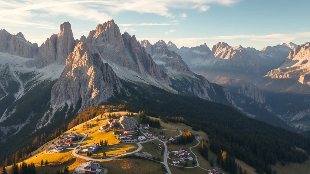 Luftaufnahme der Dolomiten bei Campitello di Fassa zur goldenen Stunde mit traditionellen Laediner Doerfern