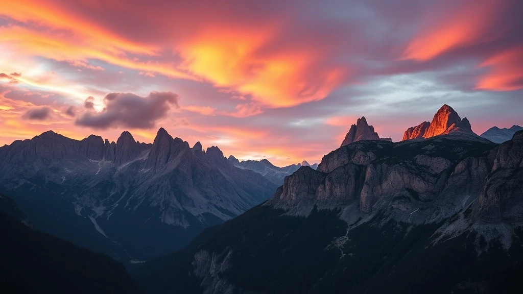Sonnenuntergang ueber der Catinaccio-Gebirgskette in den Dolomiten bei Campitello di Fassa