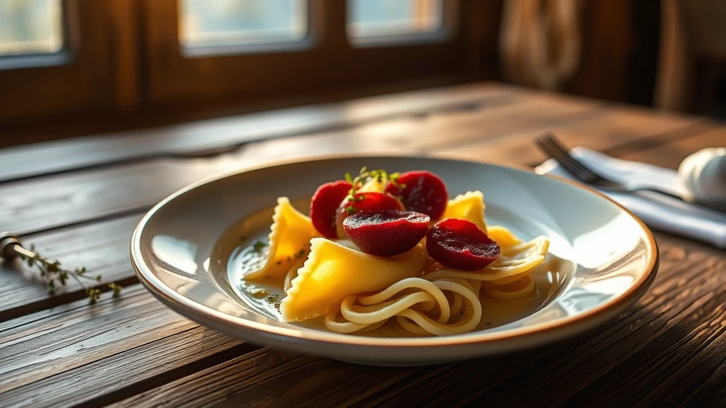 Traditionelle Laediner Casunziei-Pasta mit Rote-Bete-Fuellung in Campitello di Fassa