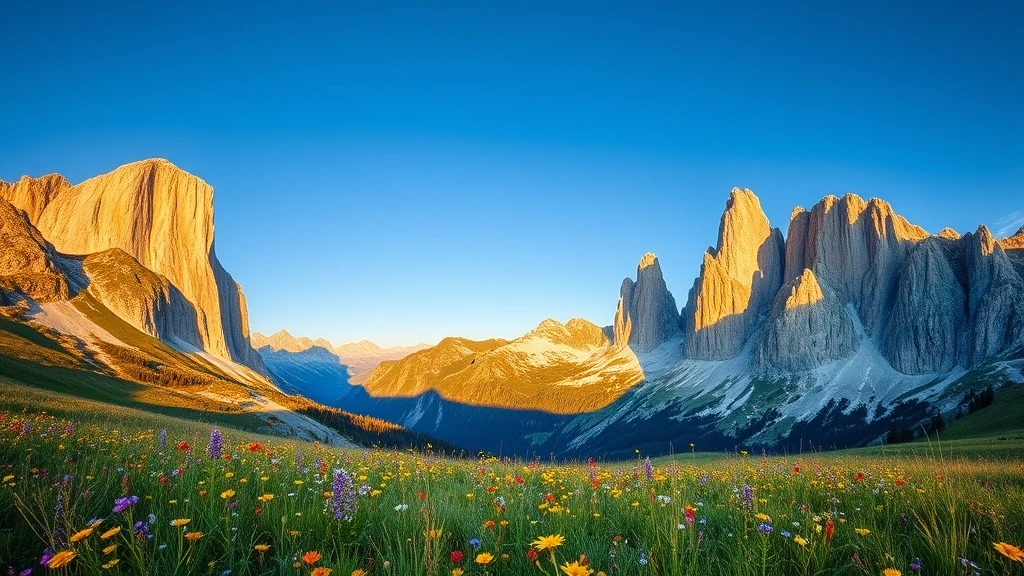 Panoramablick auf die Sellagruppe von einer Almwiese bei Campitello di Fassa mit Wildblumen