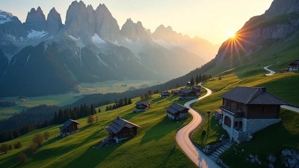 Luftaufnahme der Dolomiten in Canazei zur goldenen Stunde mit traditionellen Chalets und Taelern