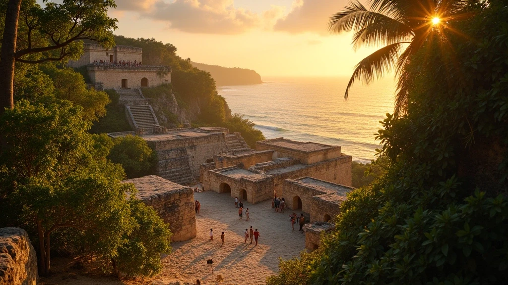 Goldene Stunde an den Maya-Ruinen von El Rey in Cancún mit historischen Steinstrukturen und tropischer Vegetation