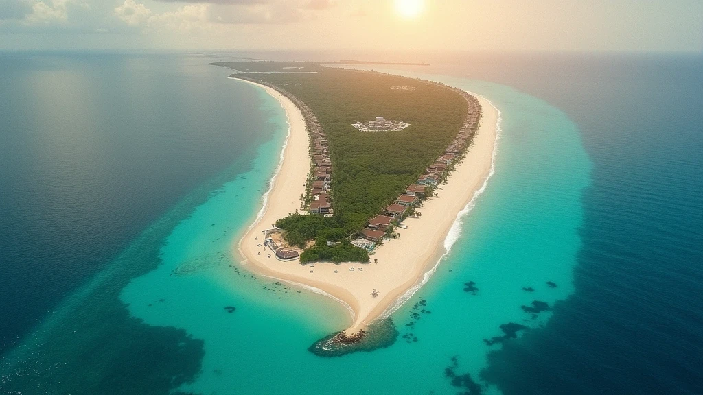 Luftaufnahme der Hotelzone von Cancún zur goldenen Stunde mit tuerkisfarbenem Meer und weissen Sandstraenden