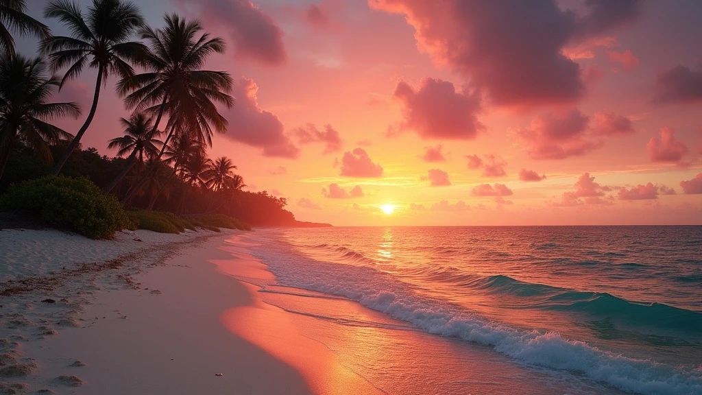 Dramatischer Sonnenuntergang am Playa Delfines in Cancún mit tuerkisfarbenen Wellen und Palmen-Silhouetten