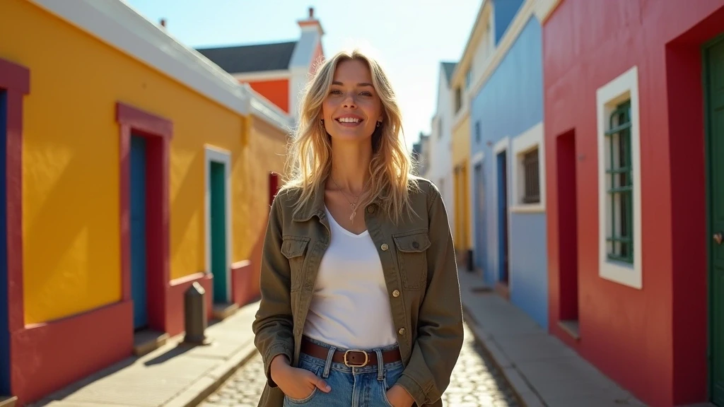 Bunte Häuser in Bo-Kaap, Kapstadt mit eleganten Model, Südafrika