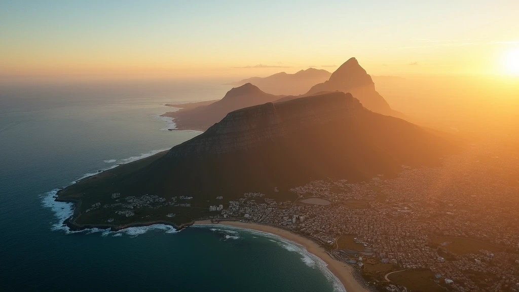 Luftaufnahme von Kapstadt mit Tafelberg und Lion's Head zur goldenen Stunde in Südafrika