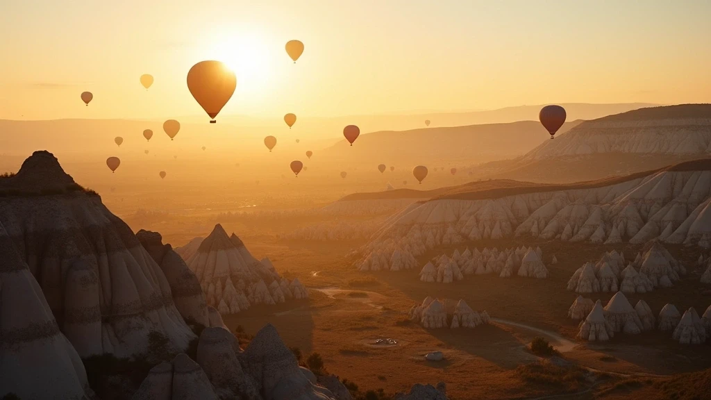 Panorama von Kappadokien mit Heissluftballons bei Sonnenaufgang