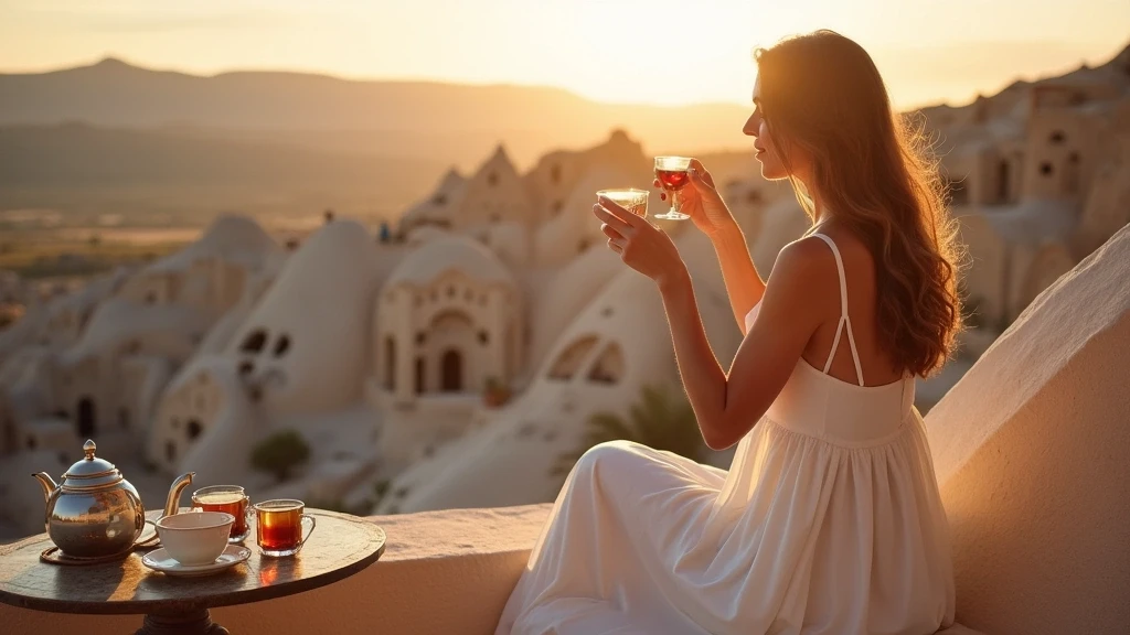 Elegante Frau auf Terrassenhotel in Kappadokien mit tuerkischem Tee