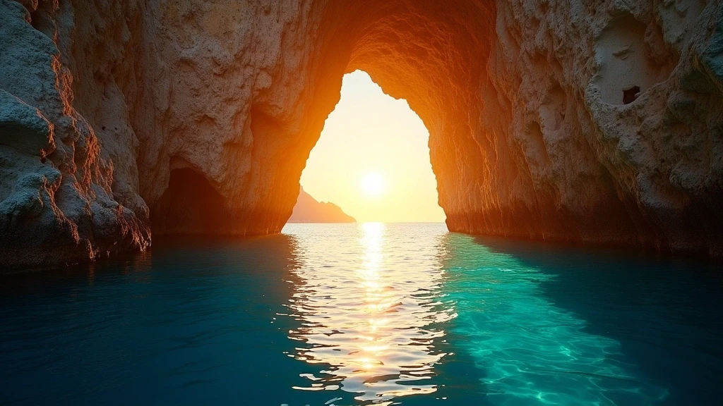 Sonnenuntergang an der Blauen Grotte auf Capri mit magischem Lichtspiel