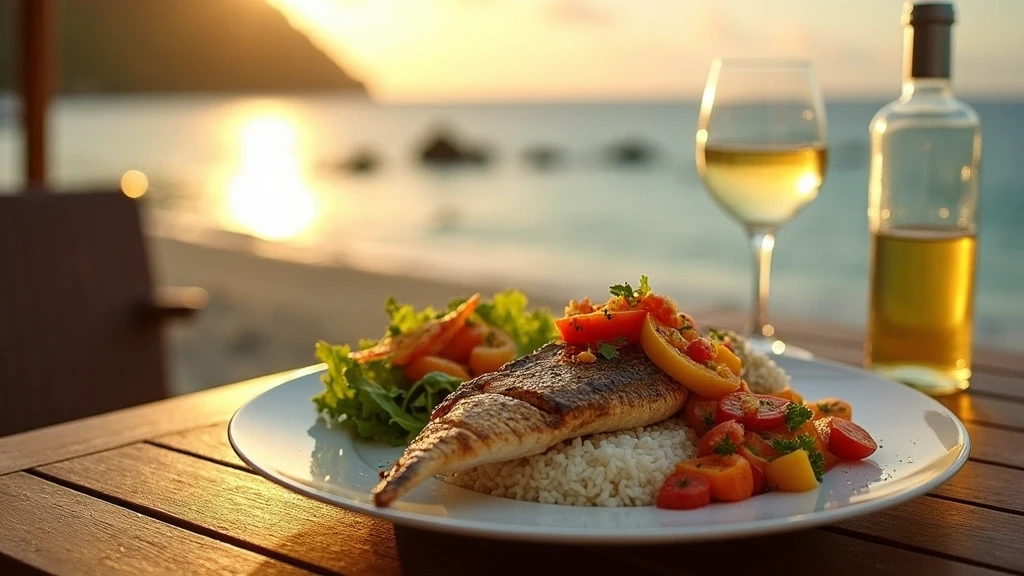 Kreolische Küche am Carana Beach Hotel auf den Seychellen mit Meerblick und Sonnenuntergang