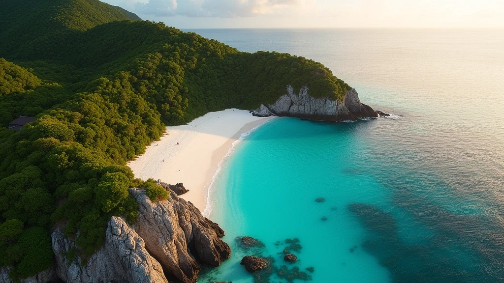 Luftaufnahme des Carana Beach Hotels auf den Seychellen mit halbmondförmigem Strand und Granitfelsen zur goldenen Stunde