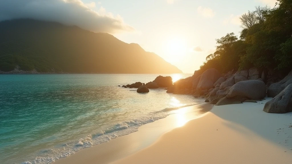 Panoramablick auf den einsamen Strand des Carana Beach Hotels auf den Seychellen bei Sonnenaufgang