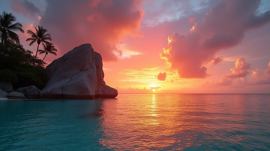 Sonnenuntergang am Carana Beach Hotel auf den Seychellen mit Granitfelsen-Silhouetten und farbenfrohem Himmel