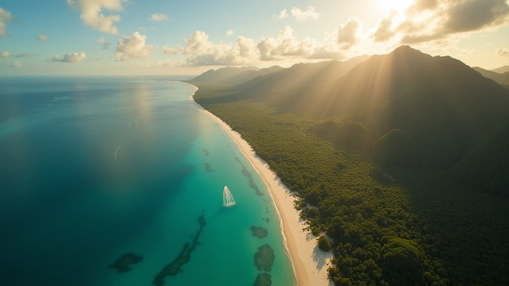 Dramatische Luftaufnahme des Hinchinbrook-Kanals und der Cardwell-Bergkette in Australien zur goldenen Stunde