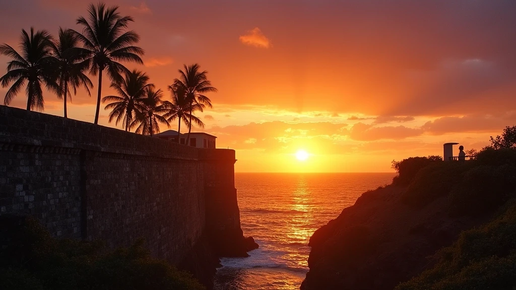 Sonnenuntergang ueber der Karibik von den historischen Stadtmauern Cartagenas aus gesehen