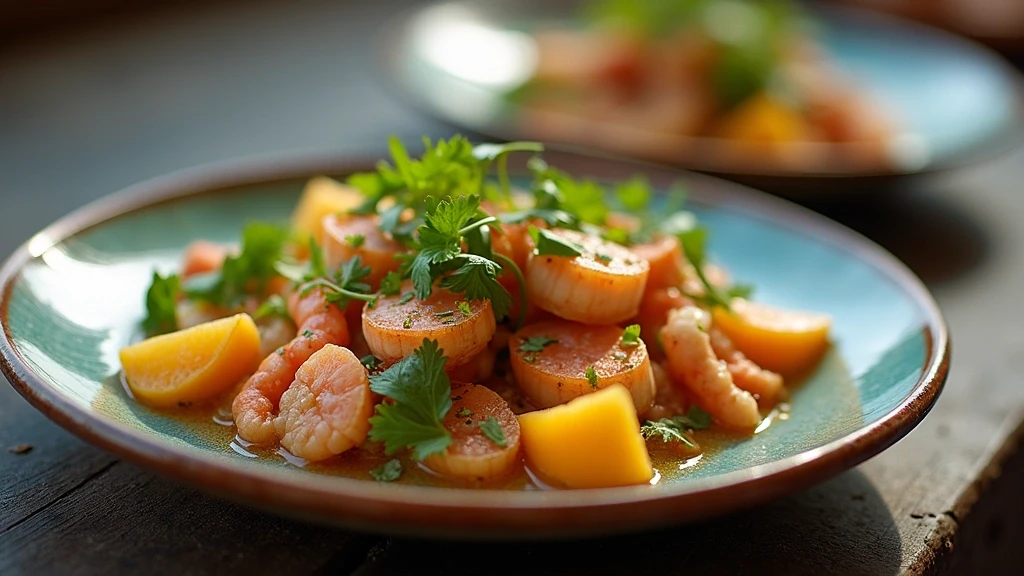 Detailaufnahme von traditionellem kolumbianischem Ceviche in Cartagena auf handgefertigtem Teller