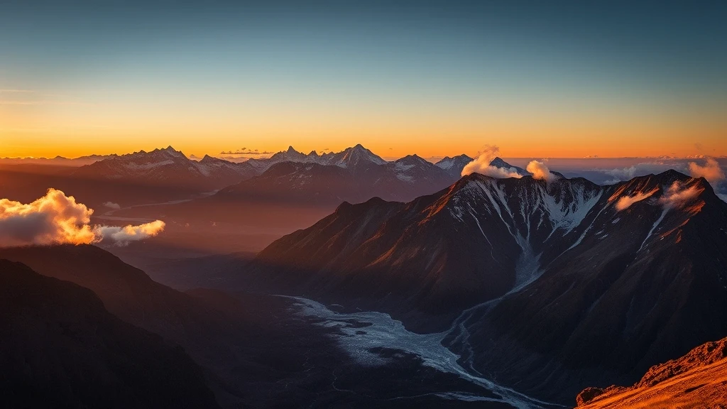 Sonnenuntergang ueber den Bergen der Cascade Saddle in Neuseeland mit Alpengluehen
