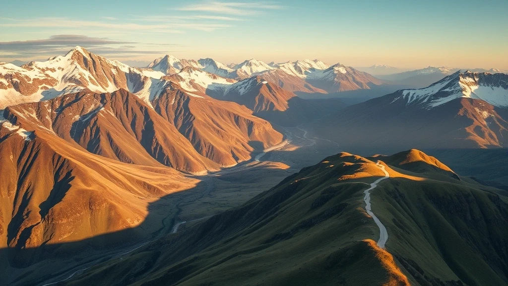 Dramatische Luftaufnahme der Cascade Saddle Route in Neuseeland mit alpiner Landschaft zur goldenen Stunde
