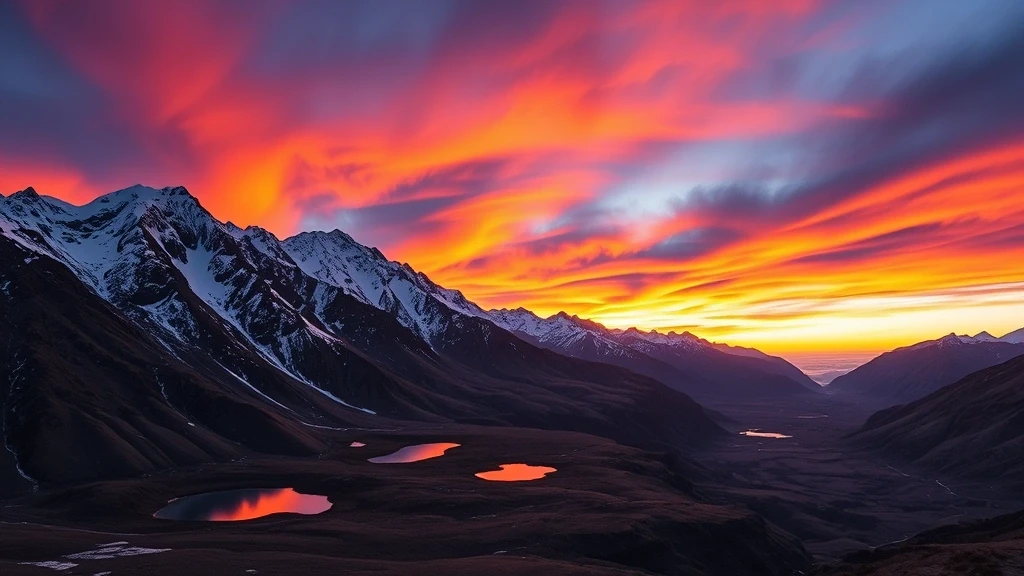 Sonnenuntergang ueber den schneebedeckten Gipfeln der Cascade Saddle Route in Neuseeland