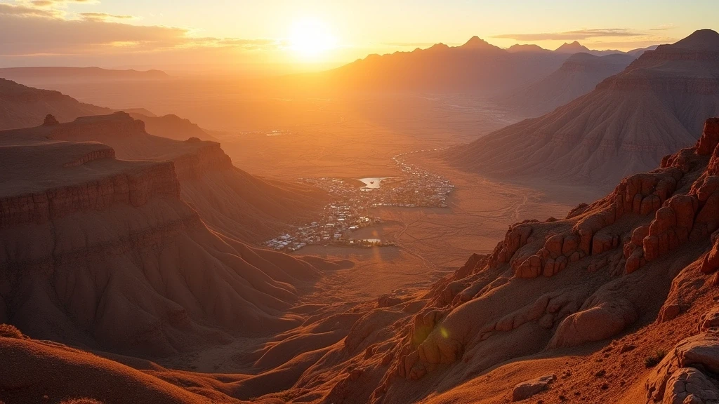 Dramatische Luftaufnahme der Quebrada de Caspana im Atacama-Wueste mit alten Terrassenfeldern zur goldenen Stunde