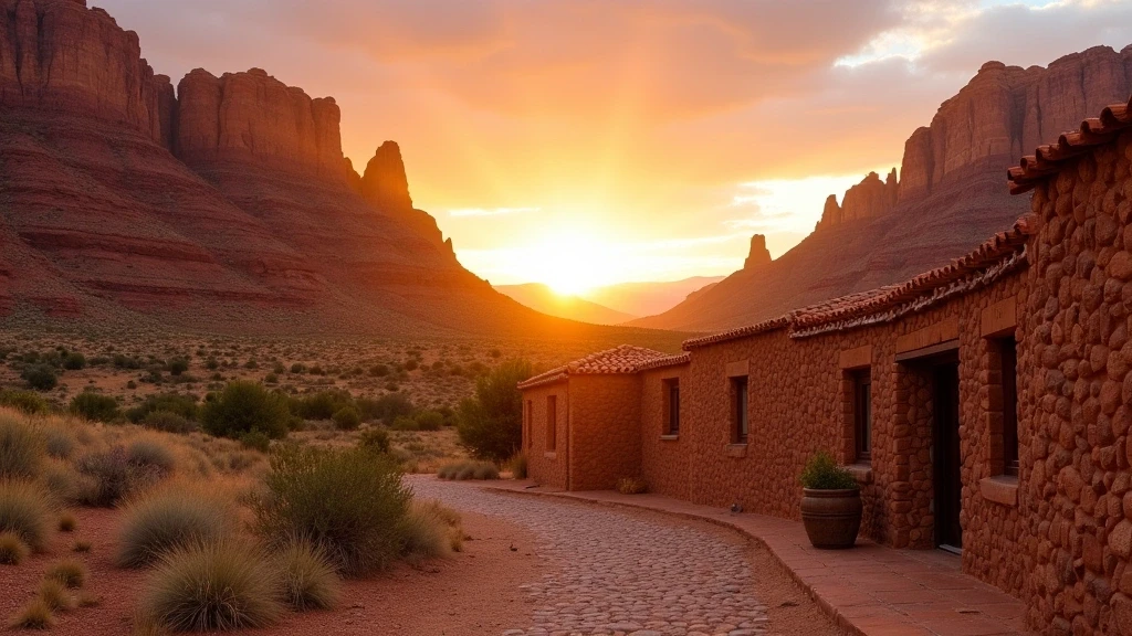 Goldene Stunde in der Cordillera de la Sal mit roten Felsformationen und traditionellen Haeusern