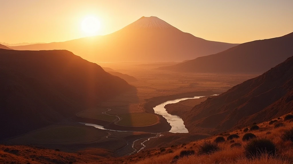 Panoramablick auf den Licancabur-Vulkan ueber dem Caspana-Tal im Abendlicht