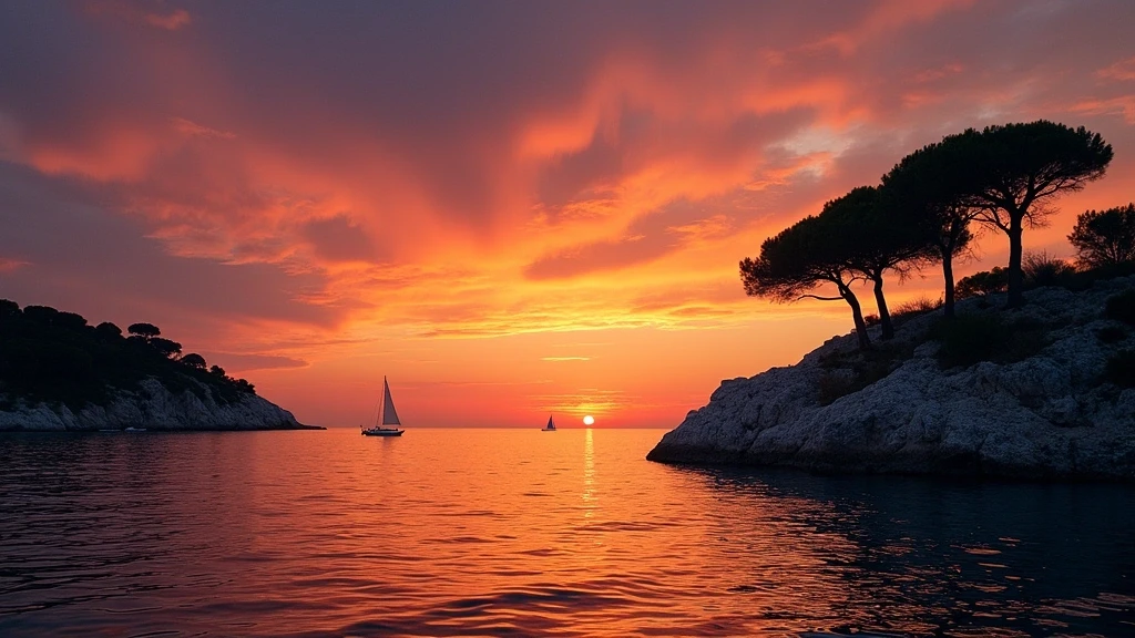 Dramatischer Sonnenuntergang über der Adria bei Cavtat und den Elaphiten mit feurigem Himmel und Zypressensilhouetten
