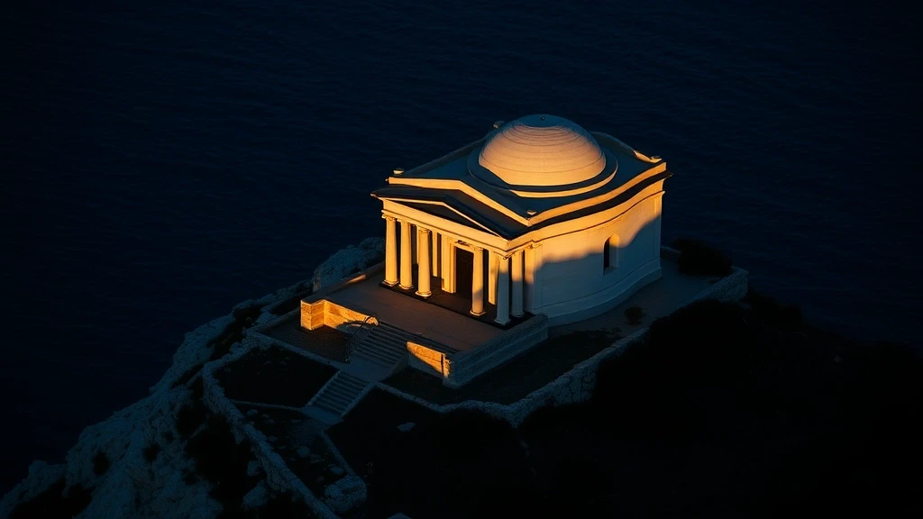Racic-Mausoleum in Cavtat, Kroatien zur goldenen Stunde mit Meerblick