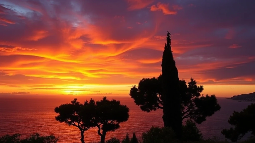 Sonnenuntergang ueber der Adria in Cavtat, Kroatien mit Zypressen-Silhouetten