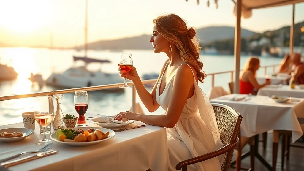 Elegante Frau geniesst Meeresfruechte in Cavtat, Kroatien am Wasser zur goldenen Stunde