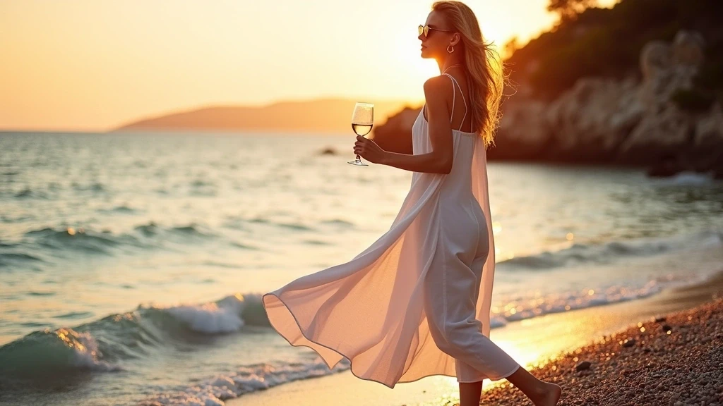 Elegante Frau in weissem Leinenkleid geniesst Sonnenuntergang an einem Kieselstrand der Cavtat Riviera in Kroatien