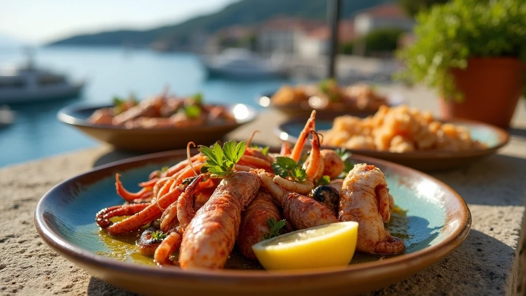 Traditionelle dalmatinische Meeresfruechte-Platte auf einer Steinterrasse in Cavtat Riviera, Kroatien mit Blick auf Hafen