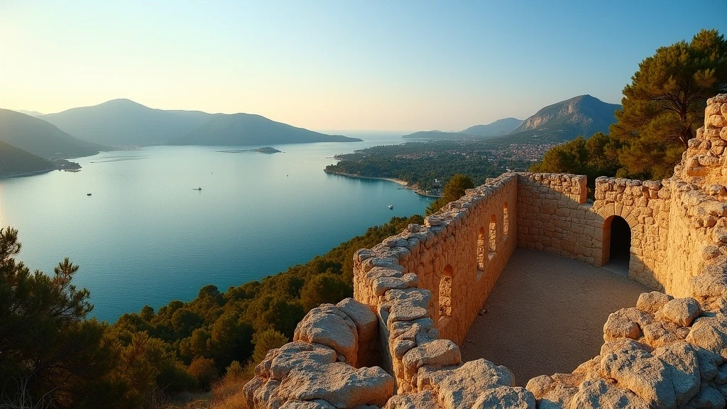 Panoramablick von der Festung Sokol Grad auf die Cavtat Riviera in Kroatien mit Adria und mediterraner Vegetation