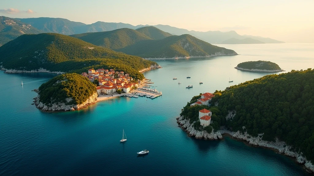 Luftaufnahme der Cavtat Riviera in Kroatien mit dramatischer Kueste, Pinienwaeldern und historischem Stadtkern zur goldenen Stunde